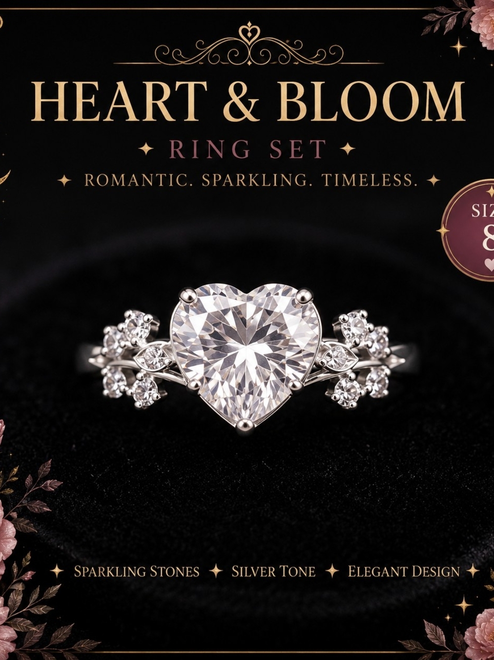 Silver-Tone Heart-Center Ring Set - Clear Size 8!